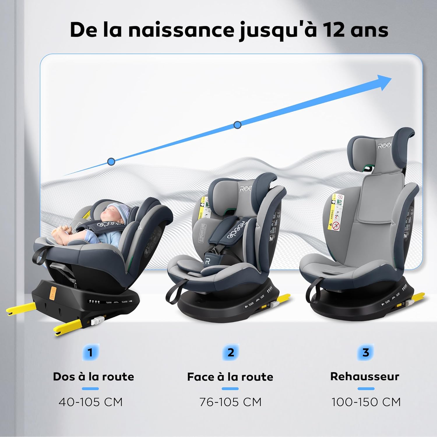 Reecle i-Size Siège Auto 360 Pivotant ISOFIX 40-150 cm, de la naissance à 12 ans (0-36 kg), ECE R129 (Gris)