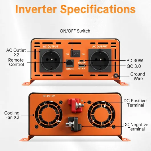 3000W/6000W Convertisseur 12V 220/230V Pur Sinus onduleur sinusoïdale DC AC,avec écran LCD, télécommande, 2 Prises AC EU, Interface Type-C 30W et Port USB，pour Voitures, Bateaux, camions 12v 3000w