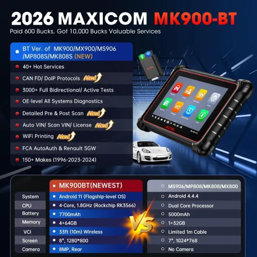 MaxiCOM MK900BT OBD2 Valise Diagnostic Auto, 2026 MK900-BT Mise à Niveau du MK900 MK808S MK808BT MX808S, Bidirectionnel Scanner comme MP900 MX900, 3000+ Tests Actif, 40+ Services, Tous Sys, OS11 Autel MK900BT