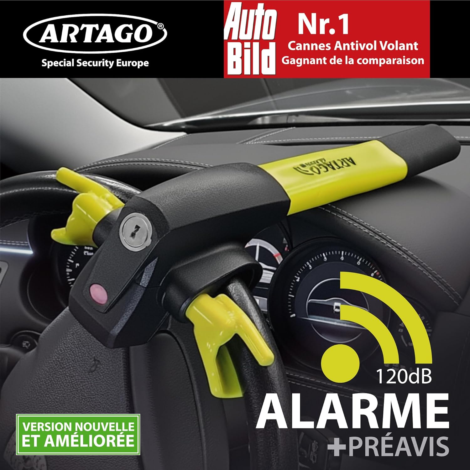 ARTAGO 870 Antivol Voiture Haut de Gamme, Canne Antivol Voiture 2en1 - Alarme Intelligente, 120dB, LED Nuit, Warning Dissuasif - Bloque Volant Plus Sûr Autour d'un Rayon, Meilleure Barre Bloc Auto SUV