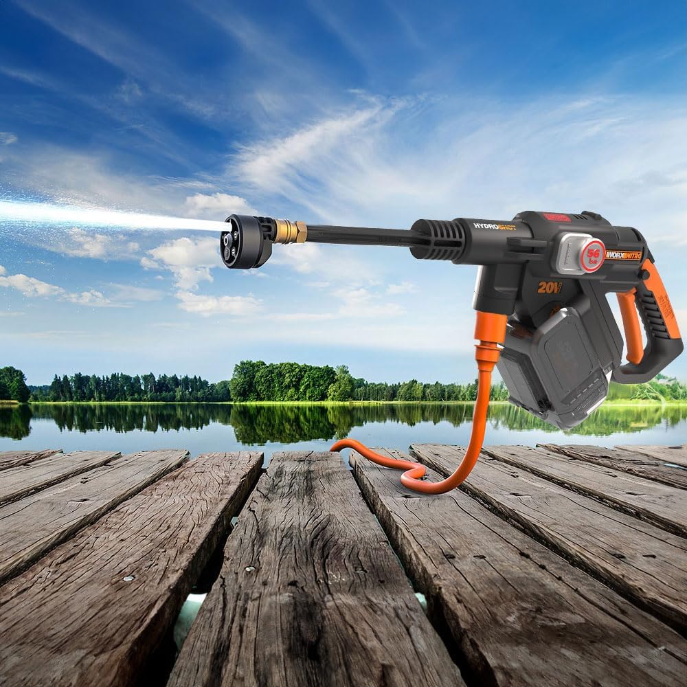 WORX Nettoyeur Haute Pression sans Fil Brushless 20V Hydroshot WG633E, Outil Mobile sans raccord d'eau Fixe, livré ave 1 Batterie 4Ah, Chargeur, Tuyau 6m, Lance Longue, buse à Jets Multiples 1 batterie 4Ah + 5 acc 56 bars