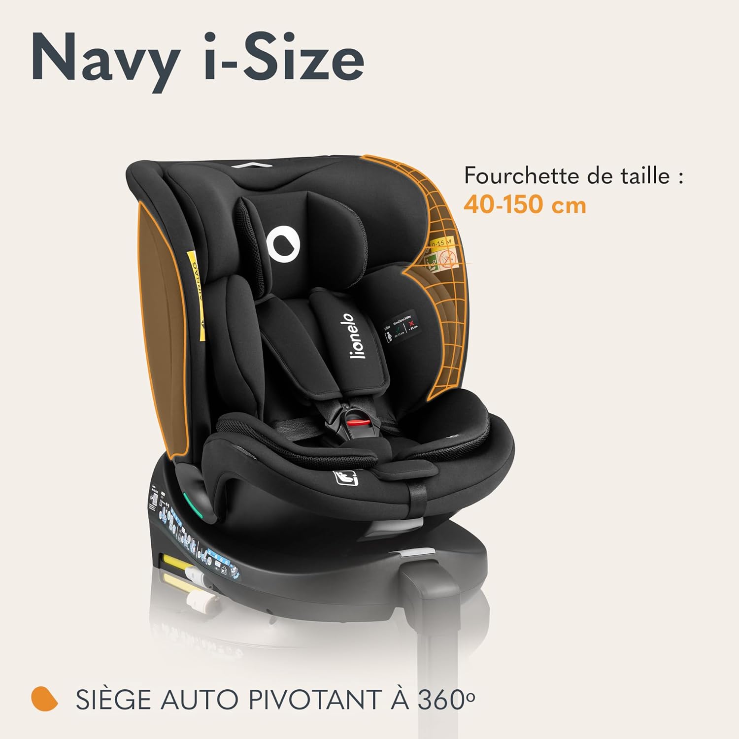 NAVY i-Size 360o Siège auto pivotant pour enfants 40–150 cm, groupe 0+1 2 3, installation ISOFIX à l’avant et à l’arrière et support stabilisateur, Dri-Seat (Onyx) bleu marine Onyx