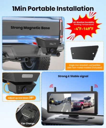 AUTO-VOX 2 Magnétique Solaire Camera de Recul sans Fil avec DVR écran 7,2" AHD 1080P : 1 Minute Installation, Rechargeable Caméra de Recul Système pour Camping Car, Caravane, Camion et Remorque 7.2" 2cam Magnetic