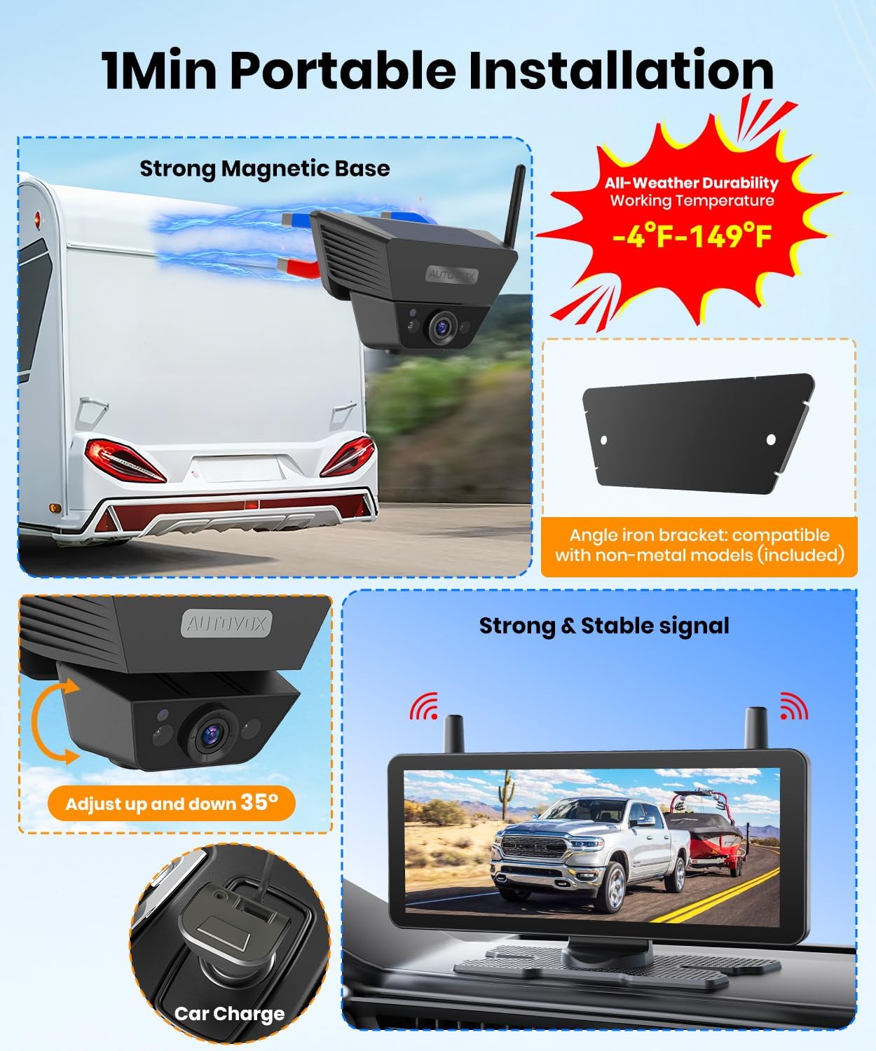AUTO-VOX Camera de Recul sans Fil Solar avec Moniteur 7.2" 1080P HD: 1 Min Installation Rapide, avec Sac de Rangement, IP69K Imperméable Camera de Recul Voiture pour Camion, Remorque, Camping Car, Van 7.2 Pouces, 1 caméra
