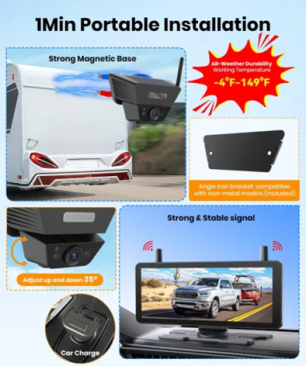AUTO-VOX Camera de Recul sans Fil Solar avec Moniteur 7.2" 1080P HD: 1 Min Installation Rapide, avec Sac de Rangement, IP69K Imperméable Camera de Recul Voiture pour Camion, Remorque, Camping Car, Van 7.2 Pouces, 1 caméra