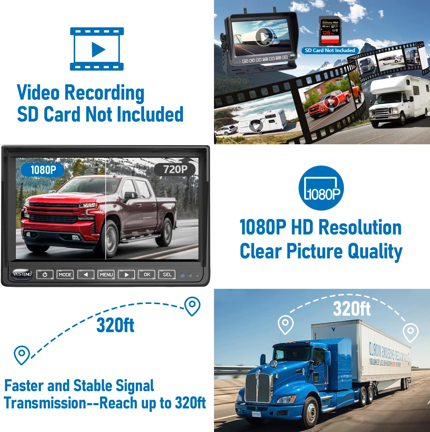 V01 Caméra de Recul sans Fil HD 1080P avec Moniteur 7'' - Étanche IP69, Signaux Numériques Stables, Vision Nocturne, Grand Angle 150° pour Voitures