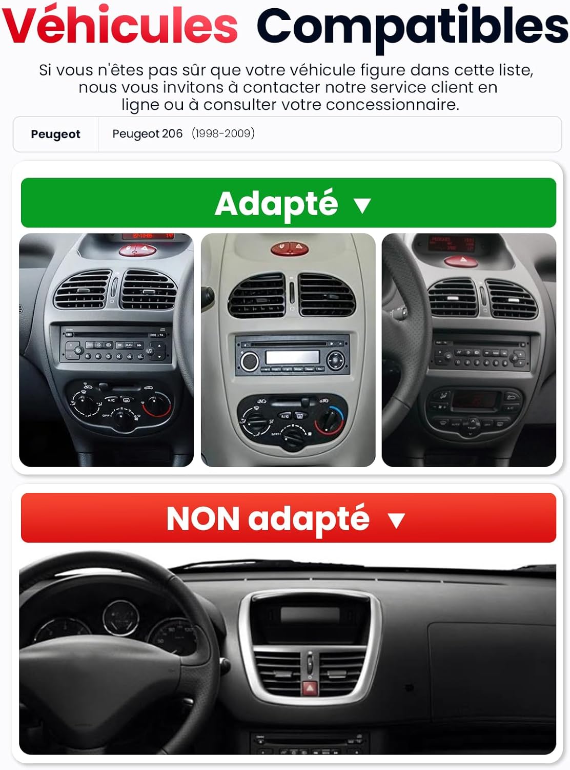 Autoradio Double DIN avec Écran pour Peugeot 206 (1998-2009), CarPlay & Android Auto sans Fil, Écran Tactile Auto 7", 4 GB+64 GB, Bluetooth WiFi 5 GHz Dab+ FM AUX GPS