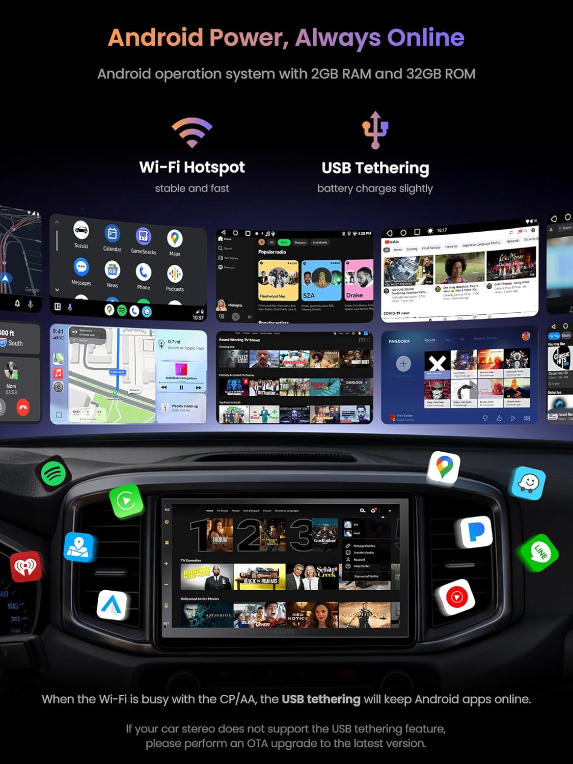 Autoradio 2 Din Android avec GPS Navi, CarPlay&Android Auto sans Fil, WiFi/Bluetooth/USB, Radio Voiture écran Tactile 7 Pouces avec 24B EQ&DSP, FM/AM/RDS, HD LRV, A5LG2B7T 7''