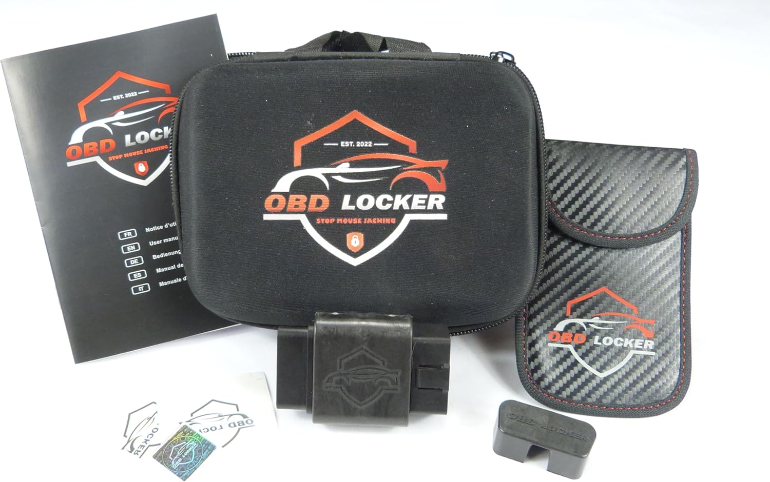 Antivol Prise OBD2 Codage Unique - Protection Contre vol électronique Voiture - Étui + Pochette RFID + Autocollants Inclus