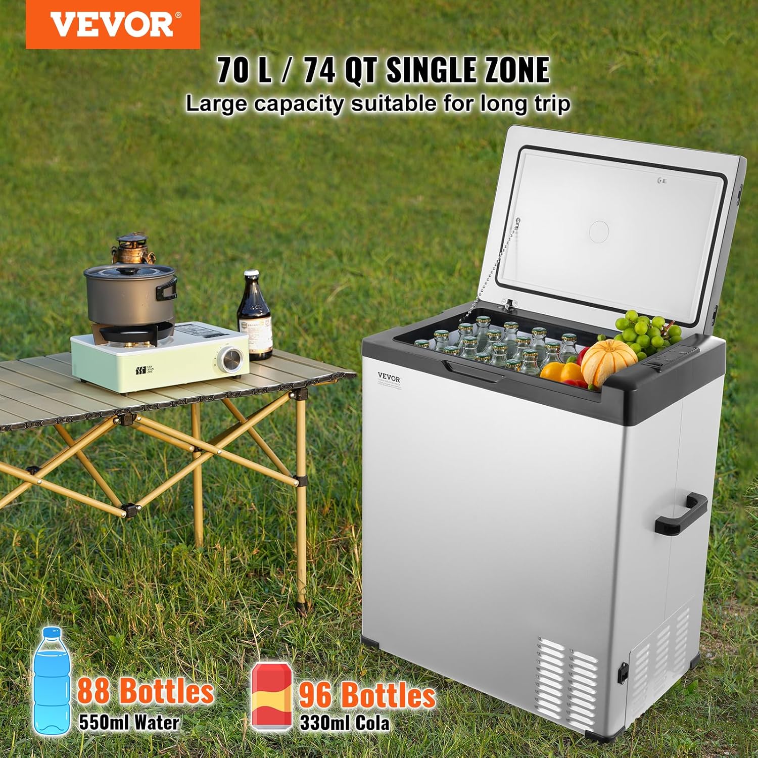 Réfrigérateur Portable à Compression 70 L, Mini Frigo de Voiture 12/24 V CC et 100-240 V CA, Glacière à Zone Unique, -20 °C à 20 °C Température Réglable, pour Camion Bateau Maison Camping 74QT