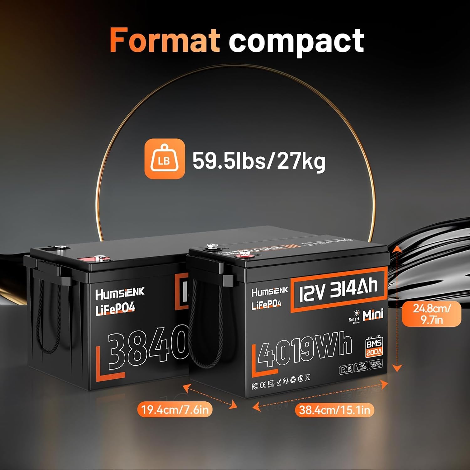 Batterie LiFePO4 Bluetooth 12V 314Ah Mini, BMS 200A Intégré, 4,19 kWh, pour Camping-Car, Marine, Installation Solaire, Système Hors Réseau, Alimentation de Secours 12V 314AH MINI Bluetooth