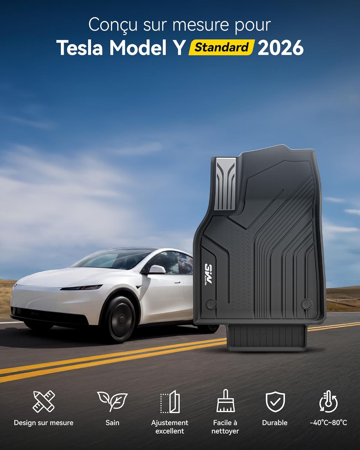 Tapis de Sol pour Tesla Model Y Standard 2026 Ensemble de 6, Tapis Coffre Voiture en Thorex™ Premium, Toutes Saisons, Antidérapant et Imperméable, Accessoires