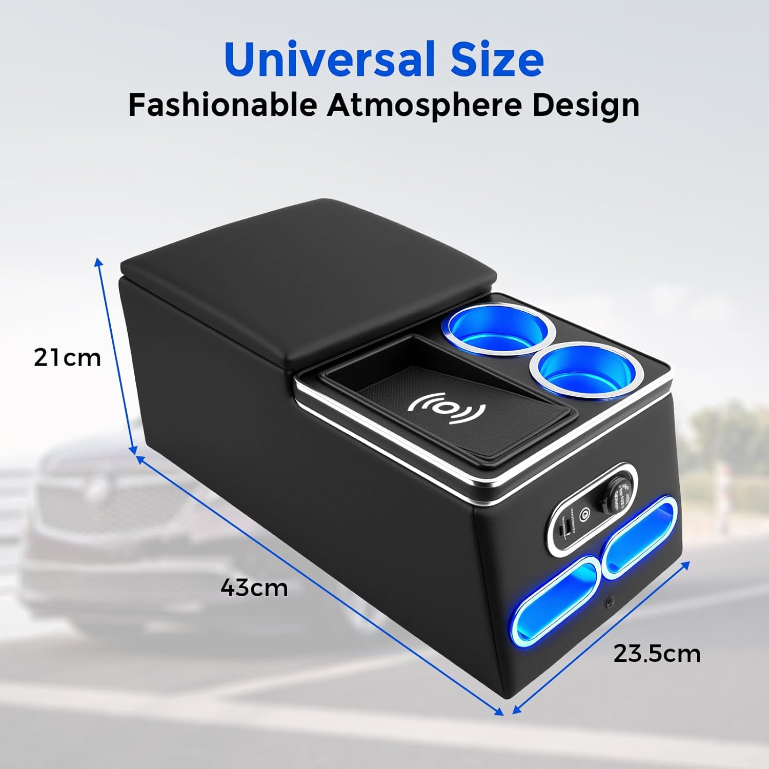Console centrale avec boîte de rangement, accoudoir central universel, boîte de rangement pour console centrale, accoudoir d'accessoires de voiture avec lumières USB et LED, chargement sans fil, pour