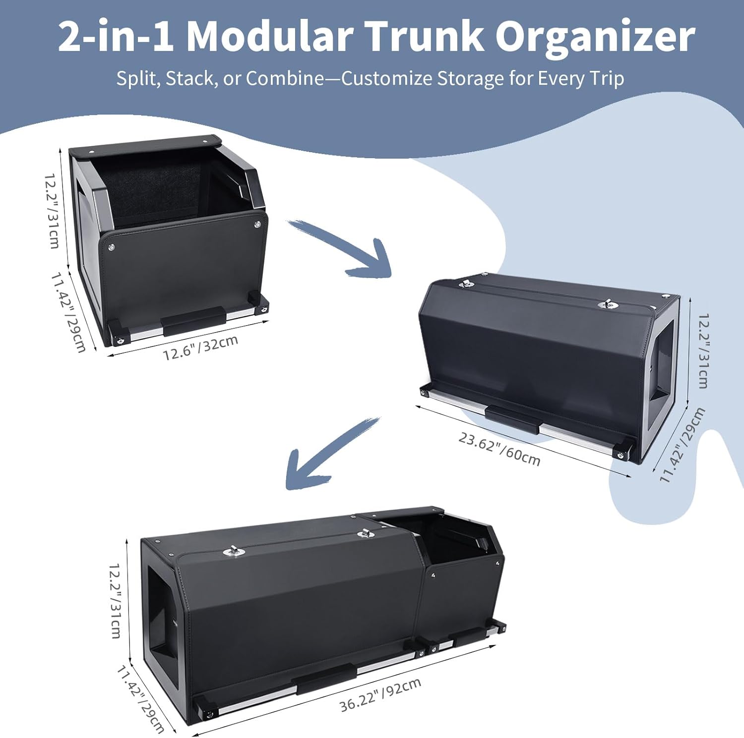 Organisateur de coffre de voiture avec couvercle, boîte de rangement modulaire, 2 en 1, grande, taille XXL, poignée de traction stable, cuir résistant, cadre ABS, sac de coffre avec sous-boîtes (92*29*31CM) Noir