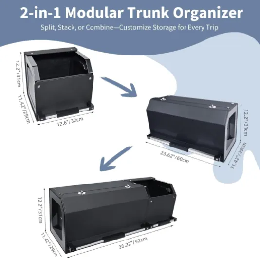 Organisateur de coffre de voiture avec couvercle, boîte de rangement modulaire, 2 en 1, grande, taille XXL, poignée de traction stable, cuir résistant, cadre ABS, sac de coffre avec sous-boîtes (92*29*31CM) Noir