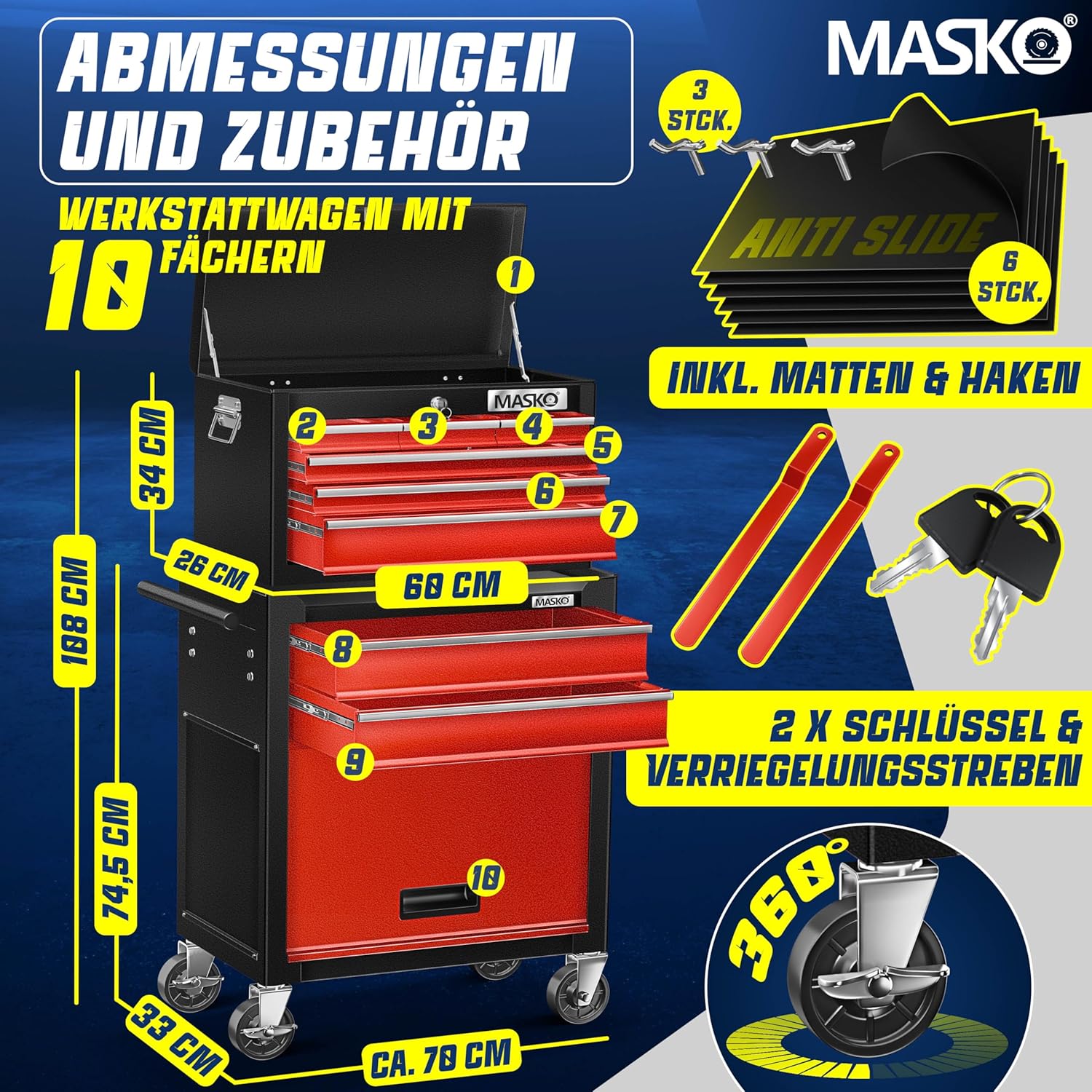 Masko® Chariot d'atelier avec Coffre : 9 Compartiments, verrouillable, métal Robuste - Chariot à Outils sans Outils - Chariot pour Le Rangement des Outils avec Serrure, Rouge Rot