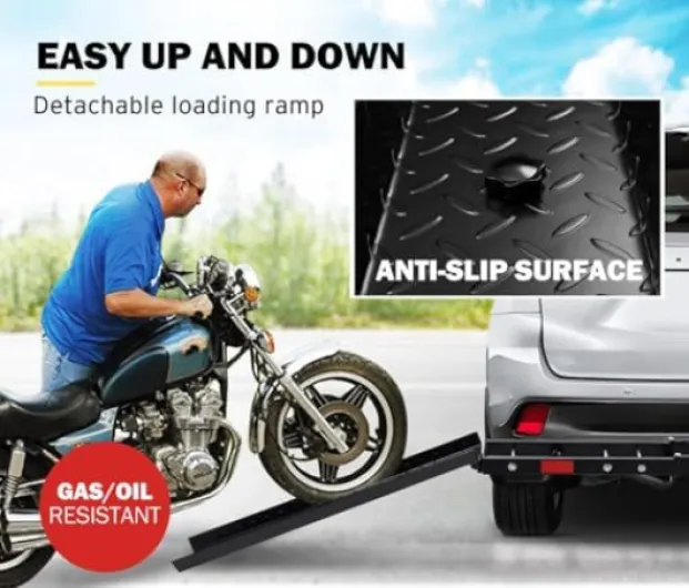 Porte-moto monté sur attelage, cadre de fixation extérieur pour moto, capacité de 227 kg, 3 hauteurs réglables, butée de roue avec tige de fixation, rampe de chargement