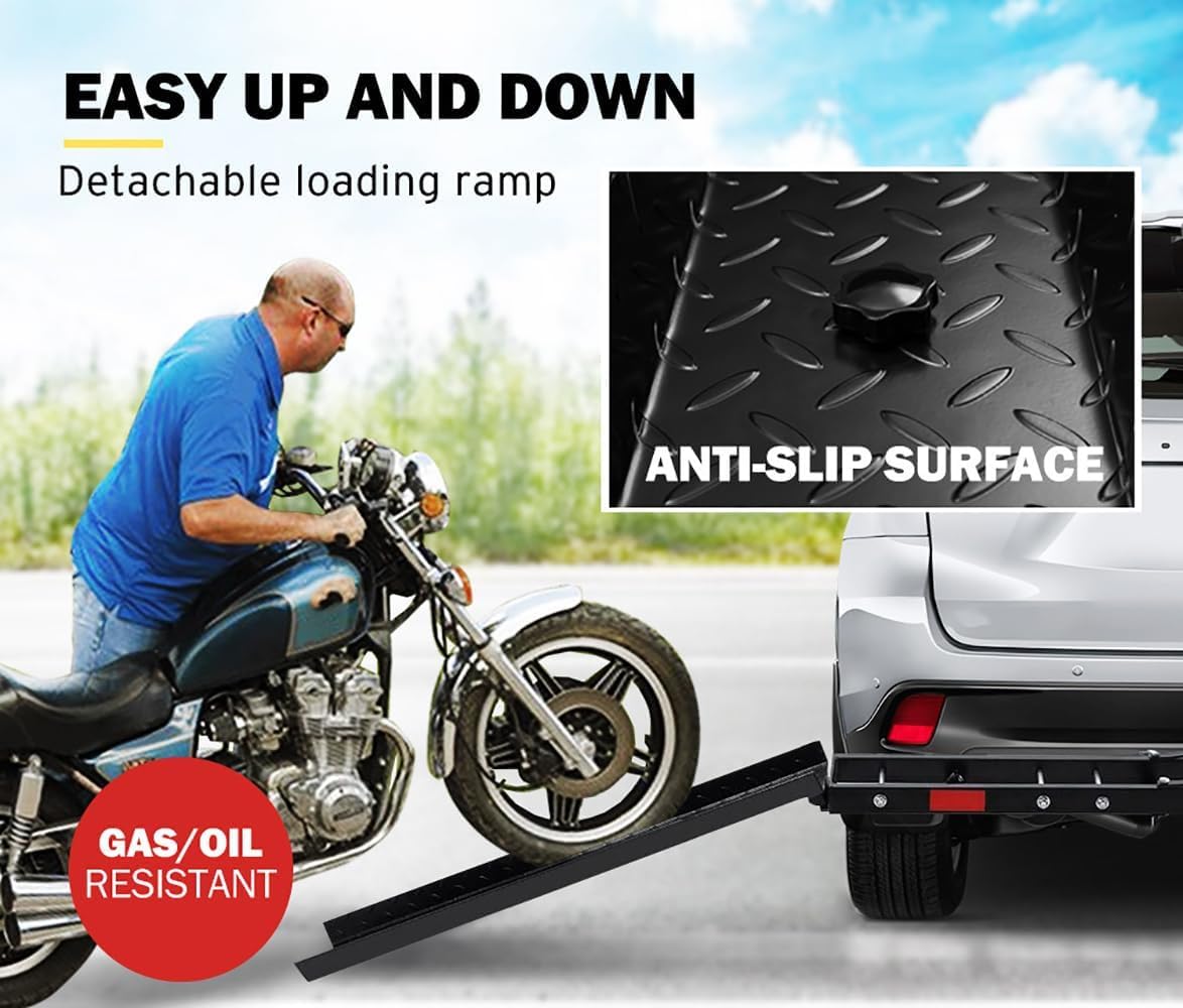 Support pour moto pour crochet de remorquage de voiture, capacité 227 kg, hauteur réglable et arrêt roue avec rampe, solution de transport sécurisée