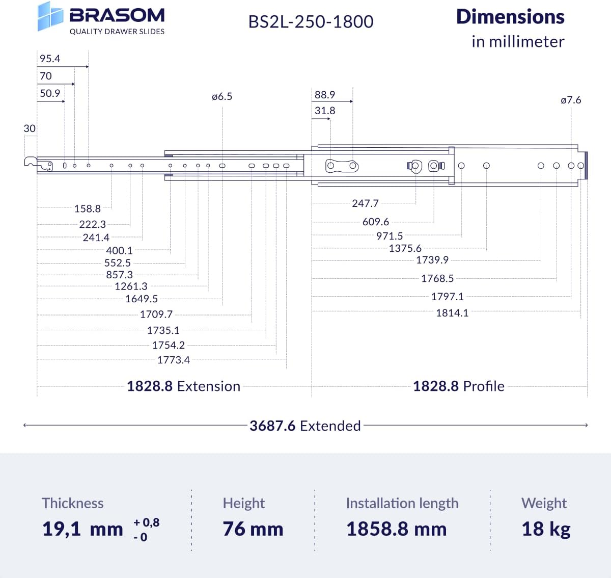 BRASOM Coulisses de tiroir - Glissières de tiroir 1800mm, 250kg, 45,7 cm, Heavy Duty, Verrouillage des tiroirs, roulement à billes, gauche et droite Avec serrure 1829mm