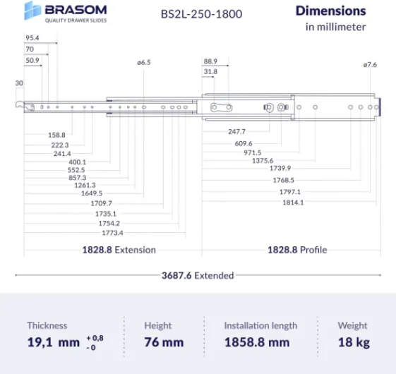 BRASOM Coulisses de tiroir - Glissières de tiroir 1800mm, 250kg, 45,7 cm, Heavy Duty, Verrouillage des tiroirs, roulement à billes, gauche et droite Avec serrure 1829mm