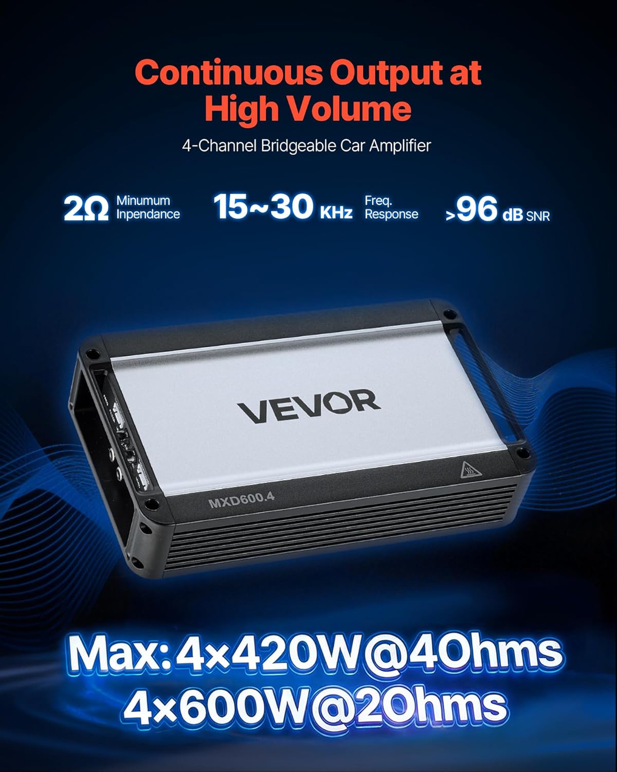 Amplificateur Audio Voiture, Ampli de Puissance à 4 Canaux Pontables pour Subwoofer, Classe D à Gamme Complète, Amplificateur Multicanal Stéréo Max - 4x420 W sous 4 ohms/4x600 W sous 2 ohms