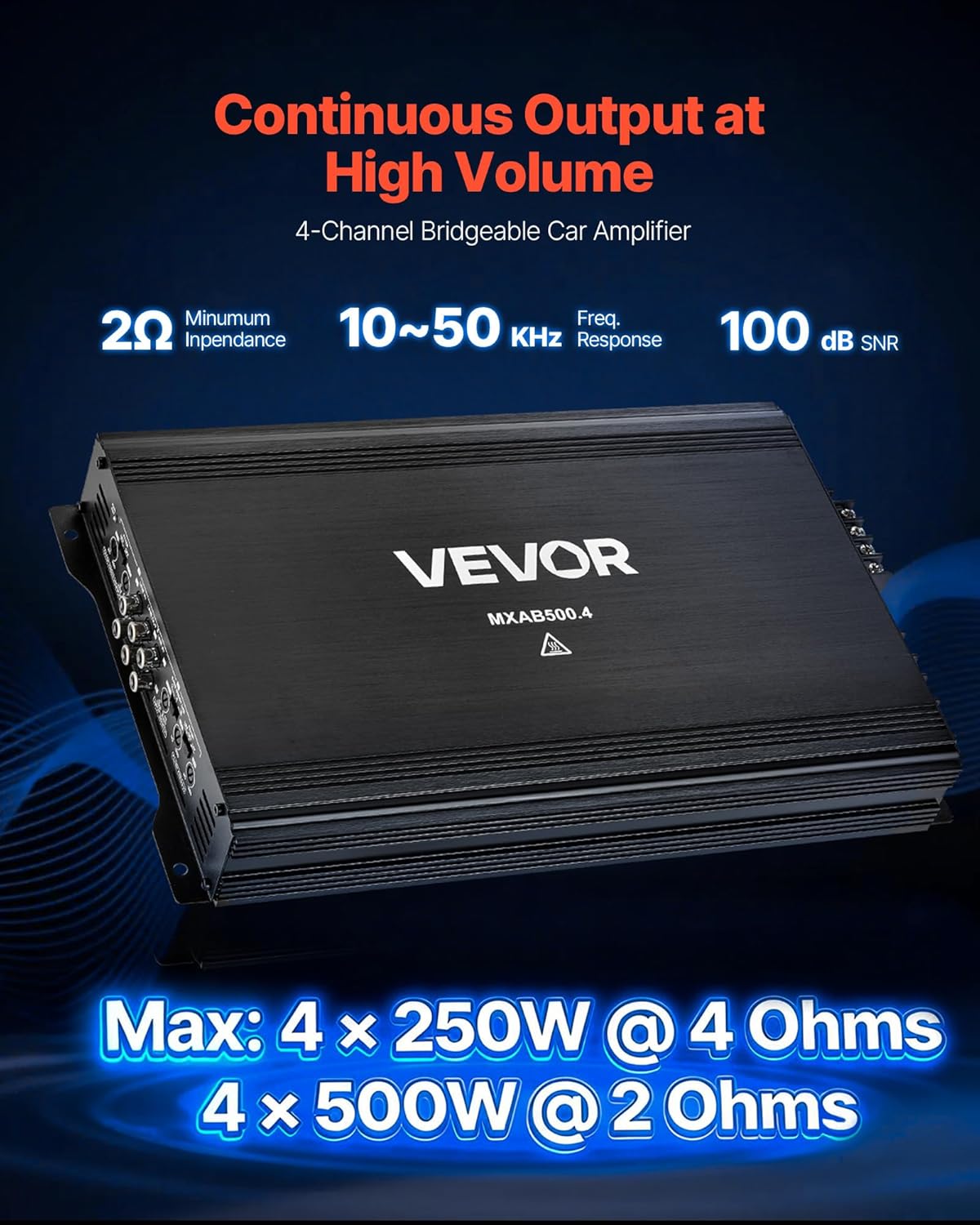 Amplificateur Audio Voiture, Ampli de Puissance à 4 Canaux Pontables pour Subwoofer, Max - 4x250 W sous 4 ohms/4x500 W sous 2 ohms Classe AB à Gamme Complète, Amplificateur Stéréo pour SUV, MPV