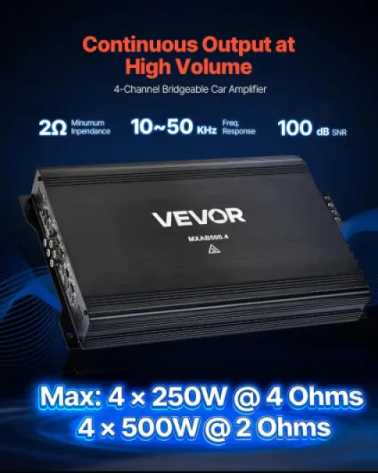 Amplificateur Audio Voiture, Ampli de Puissance à 4 Canaux Pontables pour Subwoofer, Max - 4x250 W sous 4 ohms/4x500 W sous 2 ohms Classe AB à Gamme Complète, Amplificateur Stéréo pour SUV, MPV