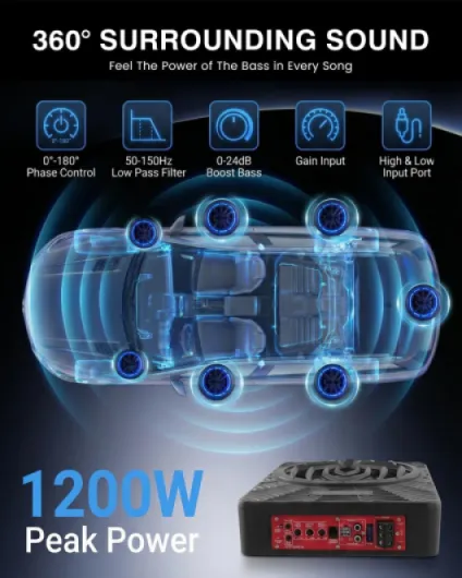 Subwoofer actif pour voiture, montable sous les sièges, puissance maximale de 1200 W, 10 pouces, module d'amplification intégré, subwoofer compact, éclairage d'ambiance RGB contrôlé par application