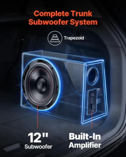 Caisson de Basses Actif pour Voiture 305 mm, Subwoofer Amplifié avec Amplificateur Intégré 245 W RMS, Haut-Parleur Préinstallé, Kit de Câblage, pour Système Audio Automobile, Forme Trapézoïdale