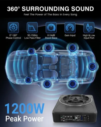 Subwoofer actif pour voiture, montable sous les sièges, puissance maximale de 1200W, 10",module d'amplification intégré, design compact et élégant, éclairage d'ambiance RGB contrôlé par application