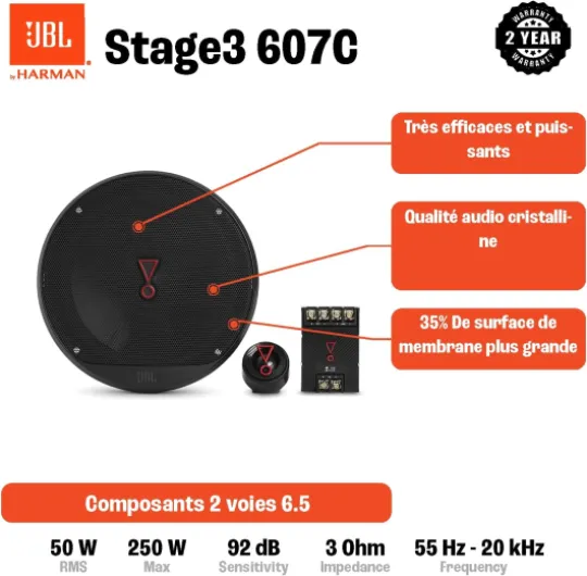 Stage3 607C Système de haut-parleur voiture à 2 voies - 250 Watt Composants Ensemble d'enceinte Pro Sound de 6.5" - 16 - 17 cm et d'aigus encastré Unique