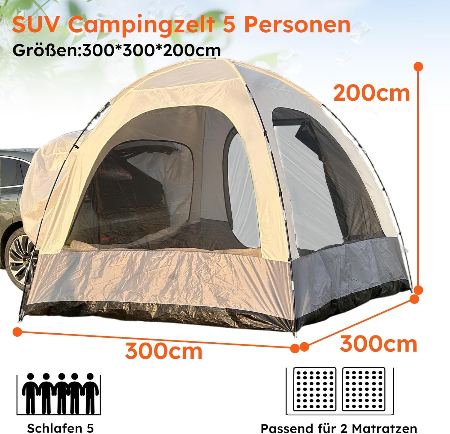 Tente arrière pour 6 Personnes, Grande Tente arrière de Voiture avec Toit imperméable, 300 x 300 x 220 cm, Tente de Voiture avec Colonne d'eau de 3000 mm, Tente en Fibre de Polyester.