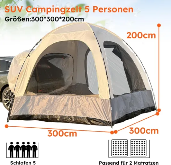 Tente arrière pour 6 Personnes, Grande Tente arrière de Voiture avec Toit imperméable, 300 x 300 x 220 cm, Tente de Voiture avec Colonne d'eau de 3000 mm, Tente en Fibre de Polyester.