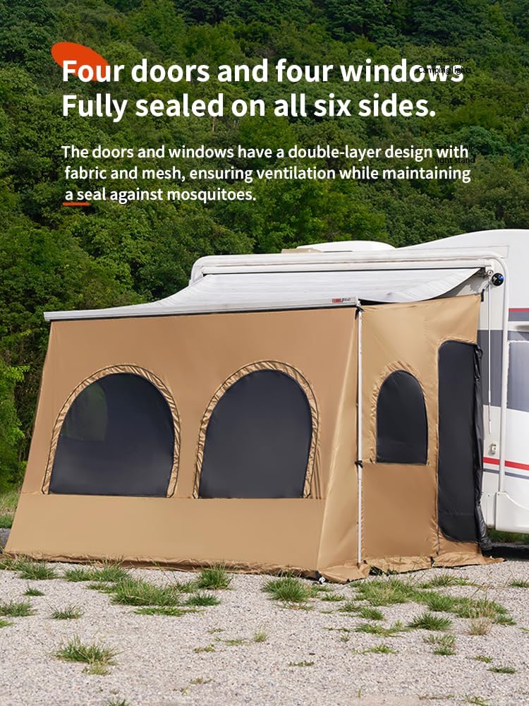 Tente de auvent pour Camping-Car, Van aménagé et Caravane – Protection Solaire, Coupe-Vent, imperméable, Anti-Insectes – Paroi latérale de Tente pour Caravane et véhicule de Loisirs 11.48ft Marron