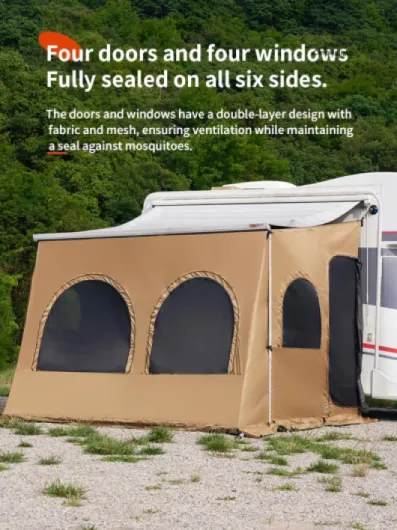 Tente de auvent pour Camping-Car, Van aménagé et Caravane – Protection Solaire, Coupe-Vent, imperméable, Anti-Insectes – Paroi latérale de Tente pour Caravane et véhicule de Loisirs 11.48ft Marron