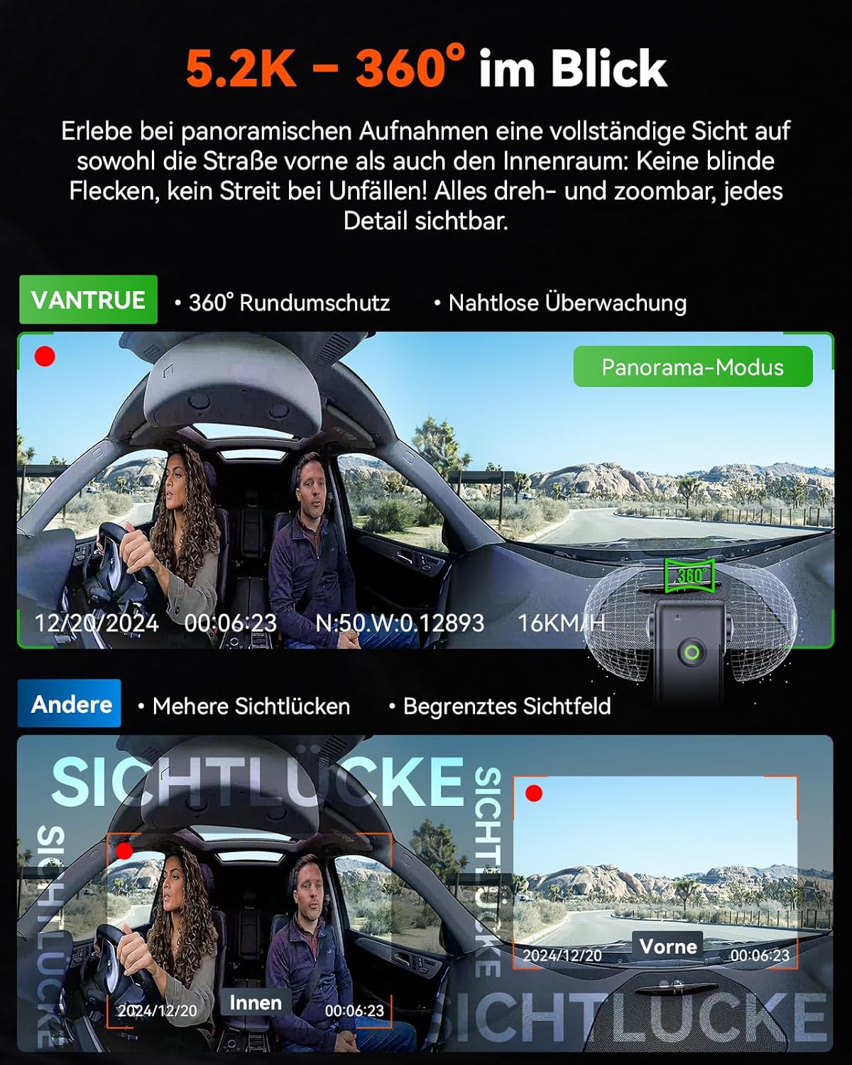 E360 Dashcam Voiture 5.2K à 360°, STARVIS 2 Double Caméra 1944P Avant et Intérieure Infrarouge, Wi-FI 5GHz GPS, Écran Tactile avec Contrôle Vocal en Français, 210° Mode Parking 24H, Max 512 G