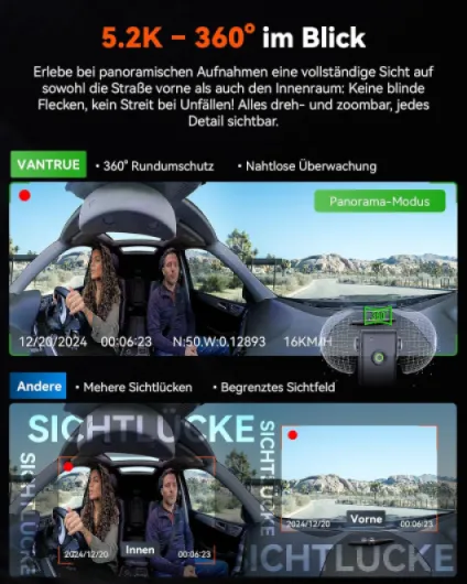E360 Dashcam Voiture 5.2K à 360°, STARVIS 2 Double Caméra 1944P Avant et Intérieure Infrarouge, Wi-FI 5GHz GPS, Écran Tactile avec Contrôle Vocal en Français, 210° Mode Parking 24H, Max 512 G
