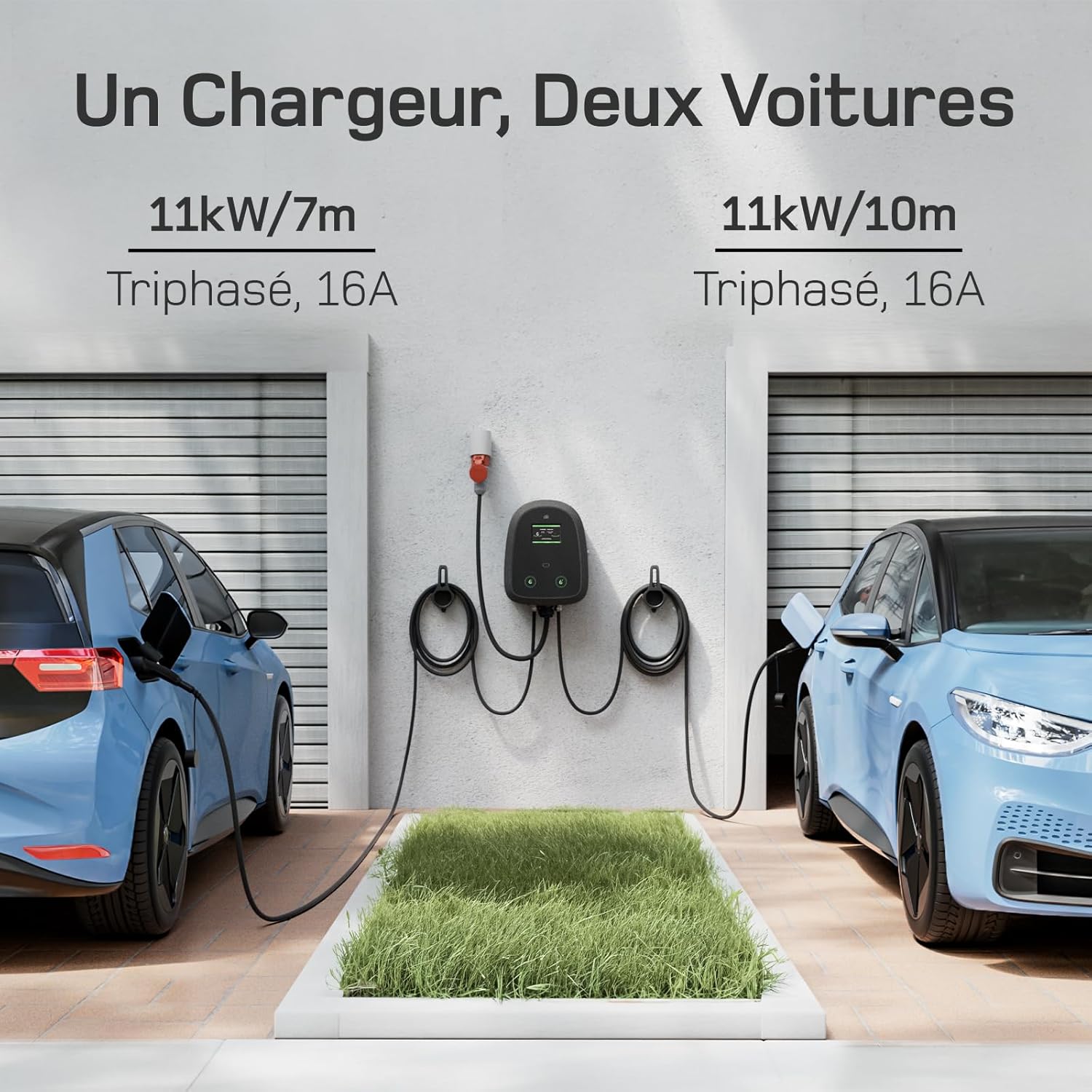 Borne de Recharge Double 2×11kW [7m+10m, 2×16A, Triphasé] Wallbox 11kW avec Double Câble Type 2, Chargeur Voiture Electrique Contrôle par App et Écran Tactile, pour Model Y/3 et Autres BEV/PHEV 2×11 kW avec câble de charge 7m + 10m