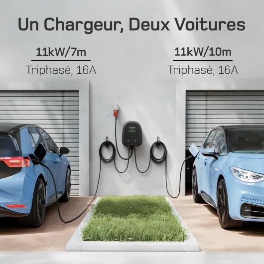 Borne de Recharge Double 2×11kW [7m+10m, 2×16A, Triphasé] Wallbox 11kW avec Double Câble Type 2, Chargeur Voiture Electrique Contrôle par App et Écran Tactile, pour Model Y/3 et Autres BEV/PHEV 2×11 kW avec câble de charge 7m + 10m