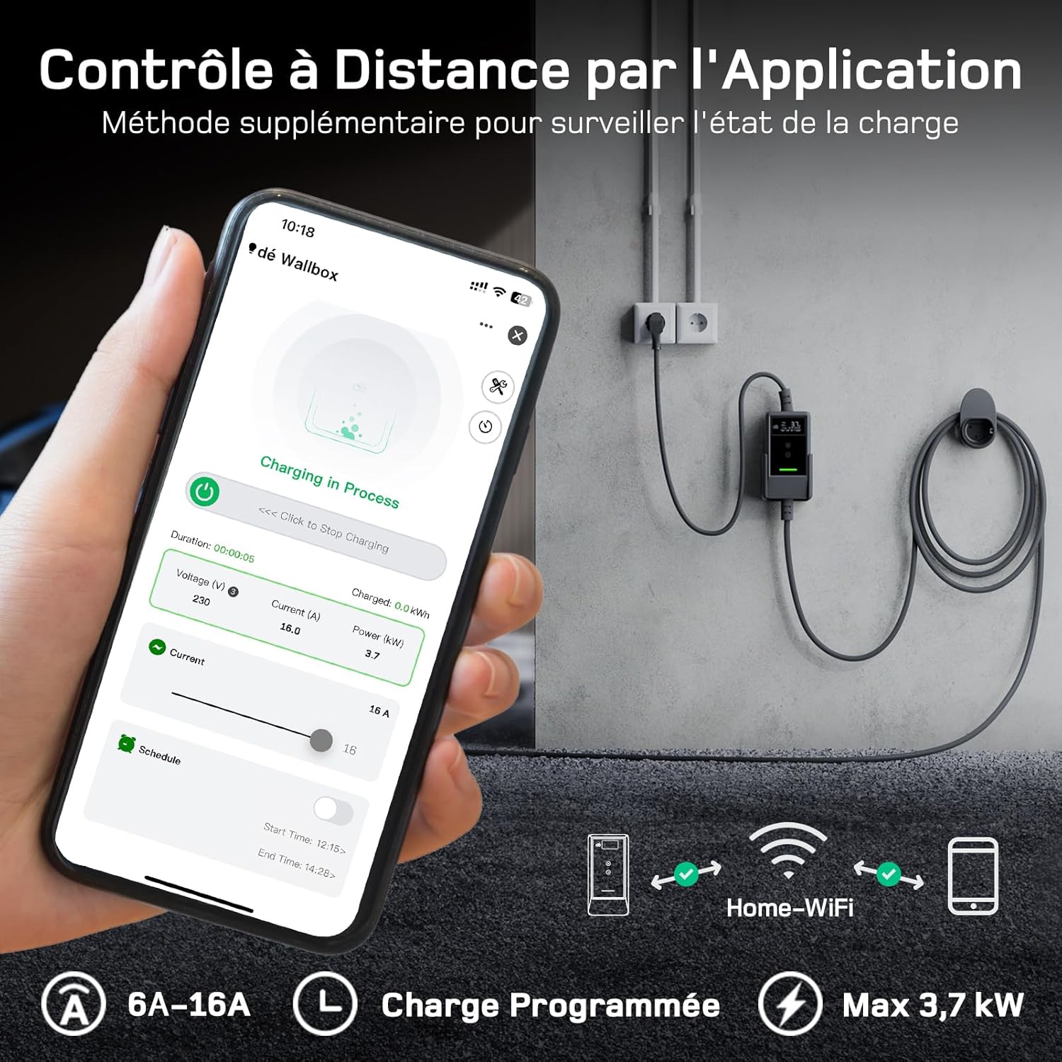 Chargeur Voiture Electrique APP 3,7kW [10m, 6-16A] Cable Recharge Voiture Electrique avec Support Mural, Chargeur Type 2 Numérique LCD, Compatible avec E-208, Model Y, E-Tech et Autres EV/PHEV 3,7kW Noir 10m APP