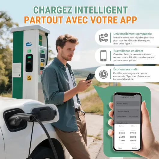 Chargeur Voiture Electrique 11kW APP 8-16A 7,6M Borne de Recharge Véhicule Électrique Triphasé Numérique OLED IP66 avec Type 2 Compatible avec Support Mural avec Model 3/Y, EX30, et PHEVs noir