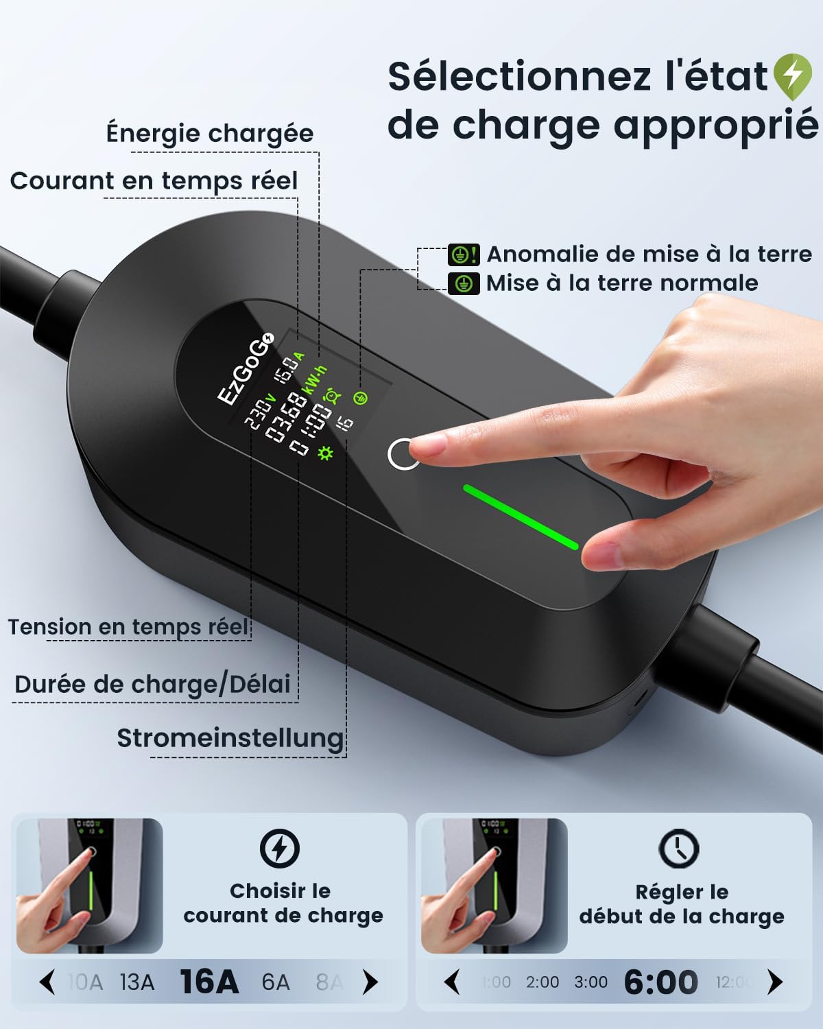 Chargeur Voiture Electrique 3,68 KW, 7 m, 6-16 A, Cable Recharge Voiture Electrique Type 2 avec écran LCD réglable & Indice IP65, pour Toutes Voitures électriques et PHEV (Norme IEC 62196-2) 7m