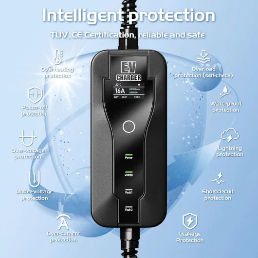 EV Chargeur Type 2, 3.6kW Chargeur Voiture Electrique Courant Commutable 8/10/13/16A, Ecran Numérique Contrôlable, Cable Recharge Voiture Electrique avec Sac, 5M (IEC 62196-2) IEC 62196-2 5M