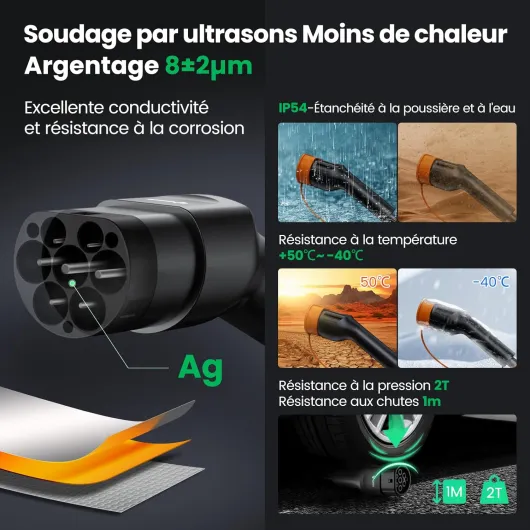 Type 2 Câble de Recharge 7,2kW 32A 8M Véhicules Électrique Monophasé Mode 3 Protection IP54 et UL94 V-0 Contacts Plaqués Argent sans Halogène avec Sac de Transport 7,2kW 32A-Orange 8M