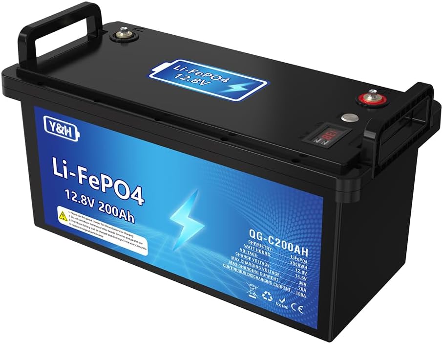 Y&H Batterie au lithium LiFePO4 12V 200Ah Puissance maximale 2560Wh Port USB Affichage de la tension en temps réel BMS intégré Parfait pour moteur de trolling,bateau, RV,camping 12V-200Ah-2560Wh