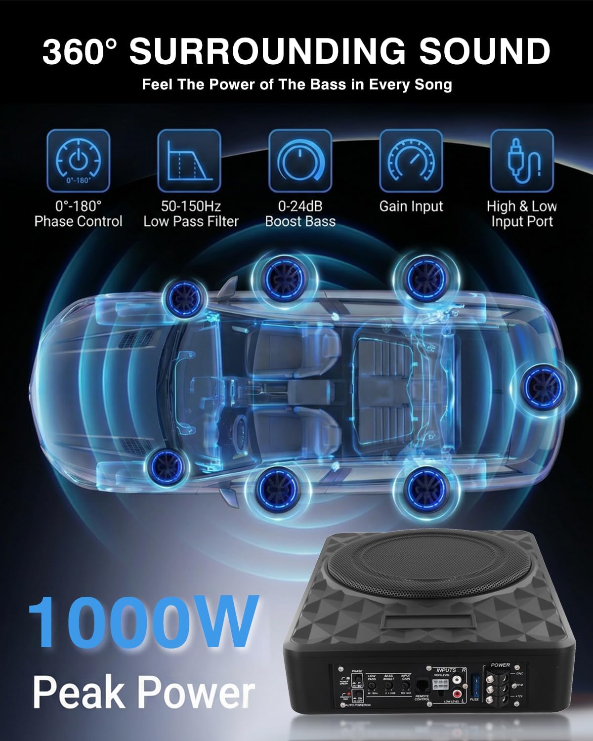 Caisson de Basse pour Voiture, Subwoofer Alimenté sous Le siège Ultra, Puissance Maximale de 1000W, Amplificateur Audio Intégré, Son Surround Stéréo, Subwoofer Compact de 10 Pouces, Noir