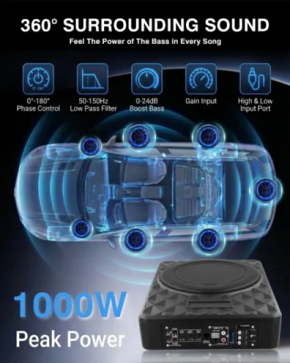 Caisson de Basse pour Voiture, Subwoofer Alimenté sous Le siège Ultra, Puissance Maximale de 1000W, Amplificateur Audio Intégré, Son Surround Stéréo, Subwoofer Compact de 10 Pouces, Noir