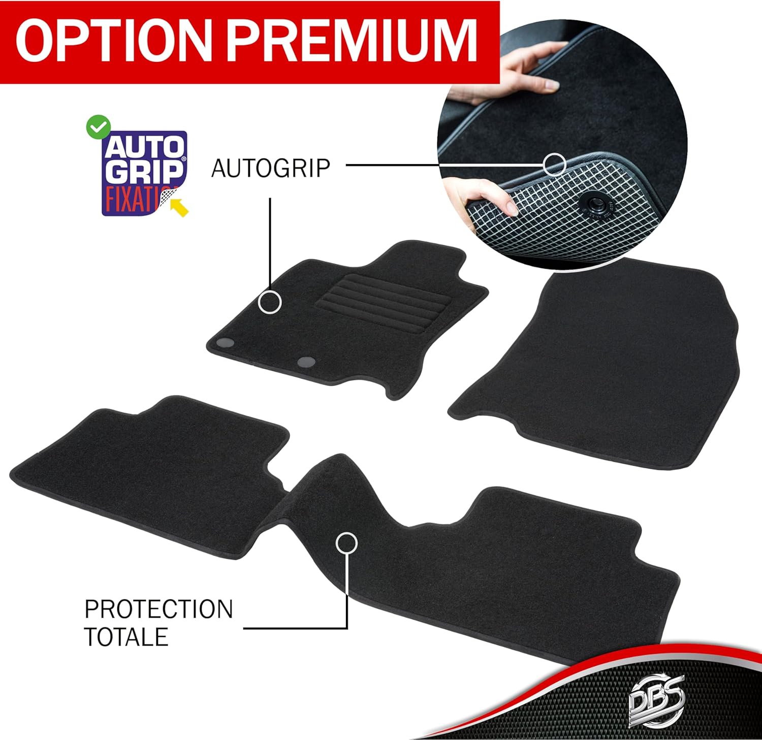 DBS - Tapis de Sol Voiture - sur Mesure - Adapté à Votre Dacia Spring (dès 03/2021) Antidérapant : Clips de Fixation et Autogrip - 3 pièces : Protection du Pont arrière - Moquette + OPTION PREMIUM