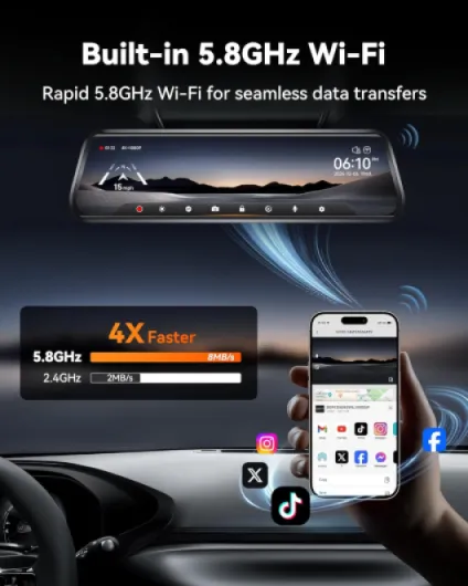 G930 10" Dashcam Retroviseur avec 5.8GHz WiFi, 4K Dash Cam Avant et Arrière avec WDR, Rétroviseur à écran Tactile Caméra de Recul, Moniteur de Stationnement, Carte 64GB et GPS Inclus