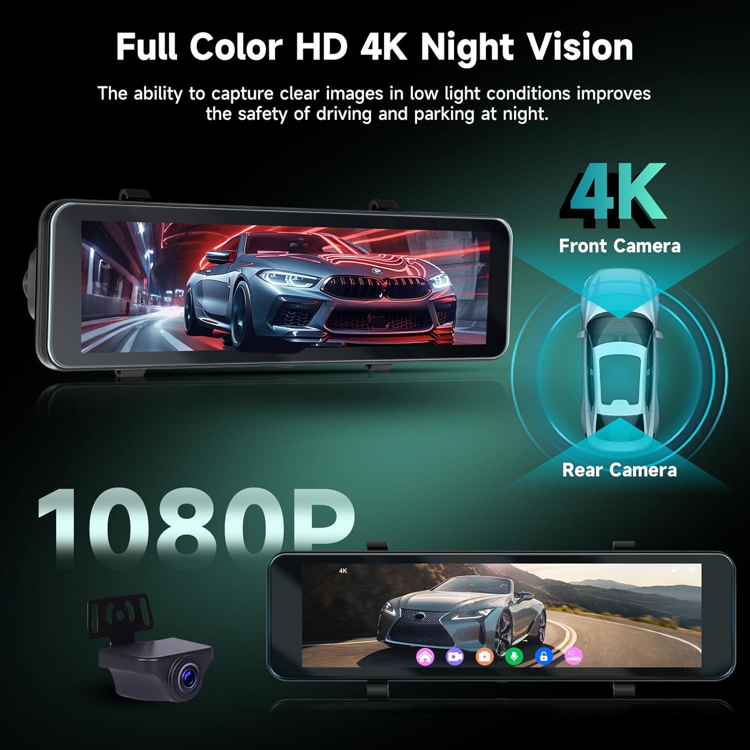 Dashcam Rétroviseur 4K Avant + 1080P Arrière Voiture, GPS ADAS BSD WiFi & App, écran Tactile 10,88 Pouces Caméra Voiture avec Mode Parking, G-Capteur, Boucle, Vision Nocturne, Carte 64Go